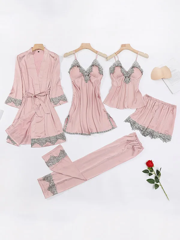 5pcs Lace Satin Pajama Set