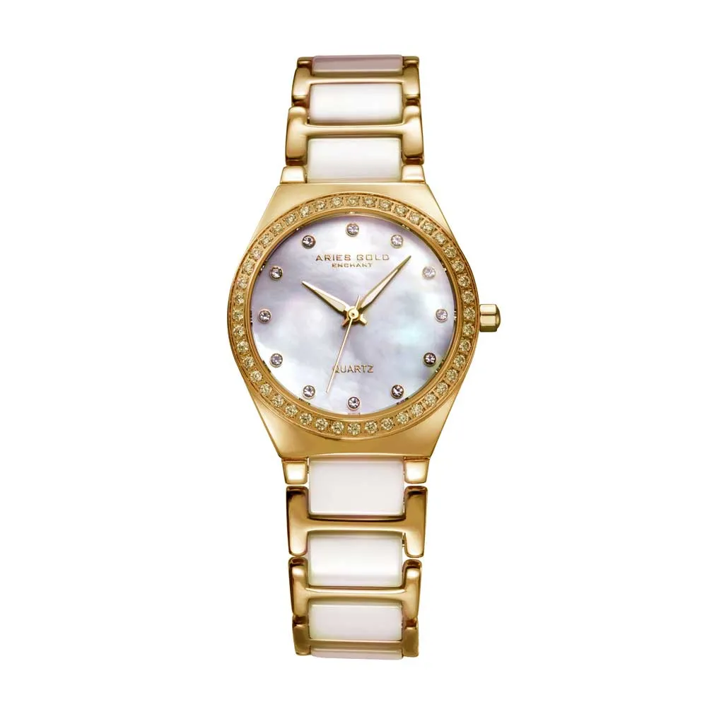 ARIES GOLD ENCHANT DIVA GOLD STAINLESS STEEL L 5014Z G-MOP WHITE CERAMIC WOMEN'S WATCH