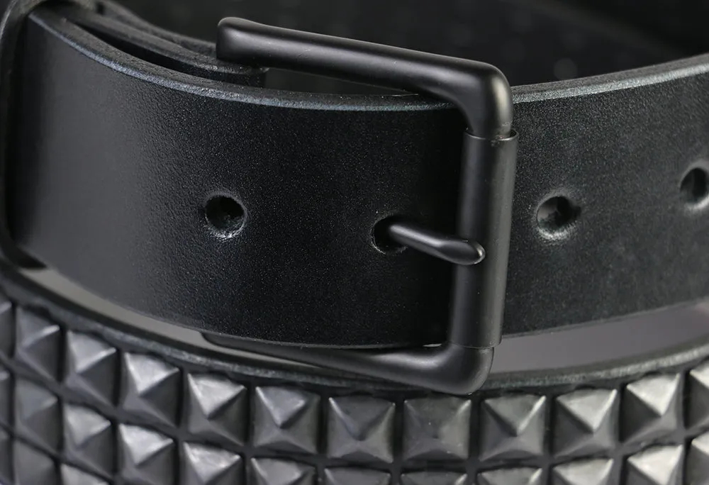 Black Pyramids (3 rows), Matte Black Buckle,  Black Leather Belt 1.5"