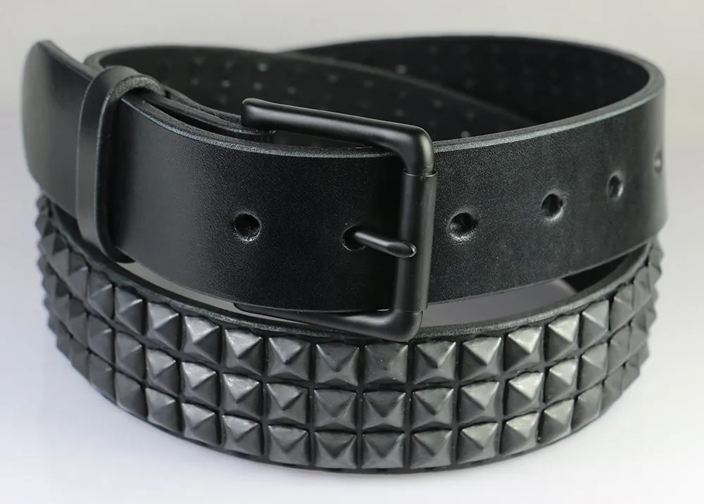 Black Pyramids (3 rows), Matte Black Buckle,  Black Leather Belt 1.5"