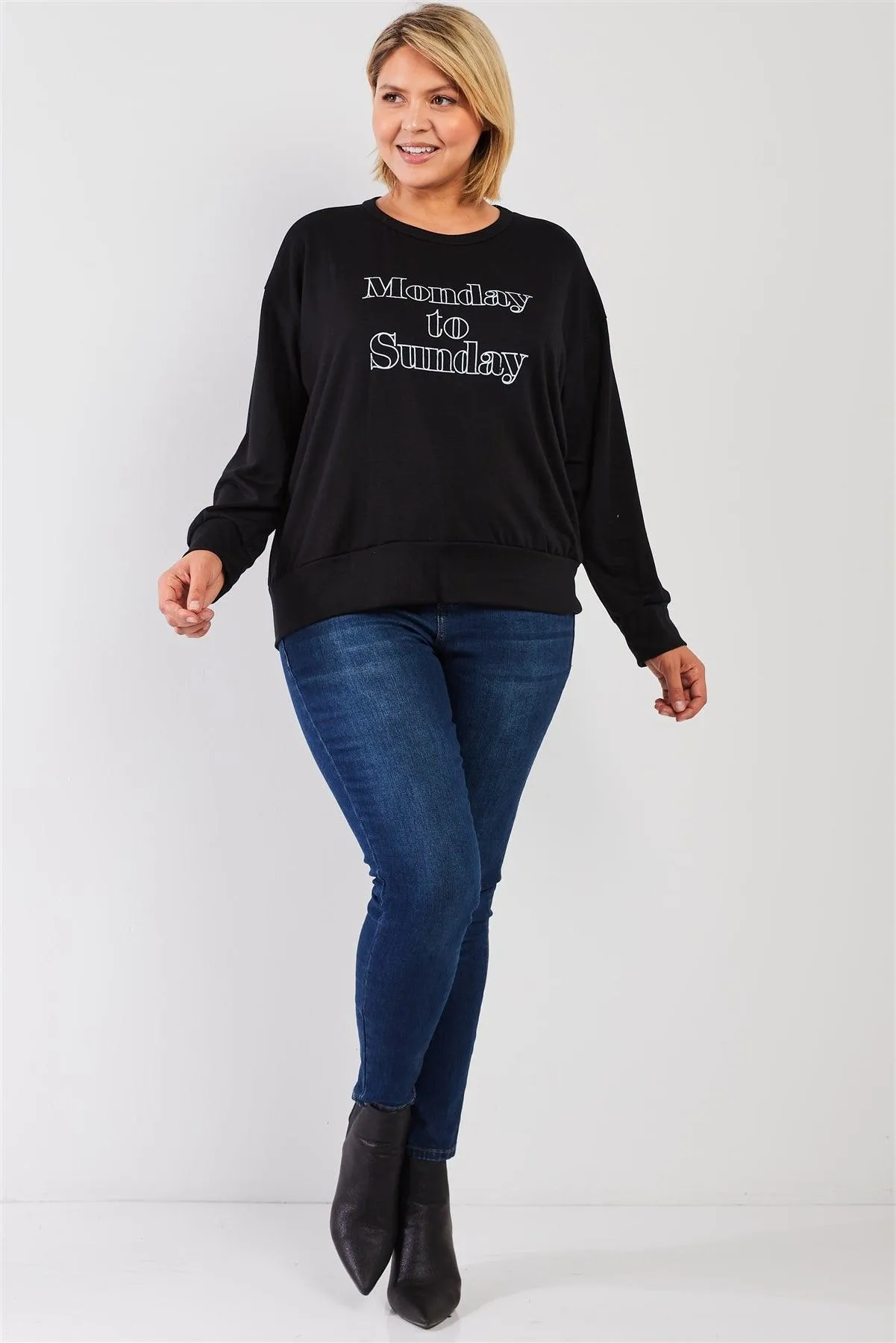 Black "Monday Sunday" Print Long Sleeve Relaxed Sweatshirt Top /2-1-1