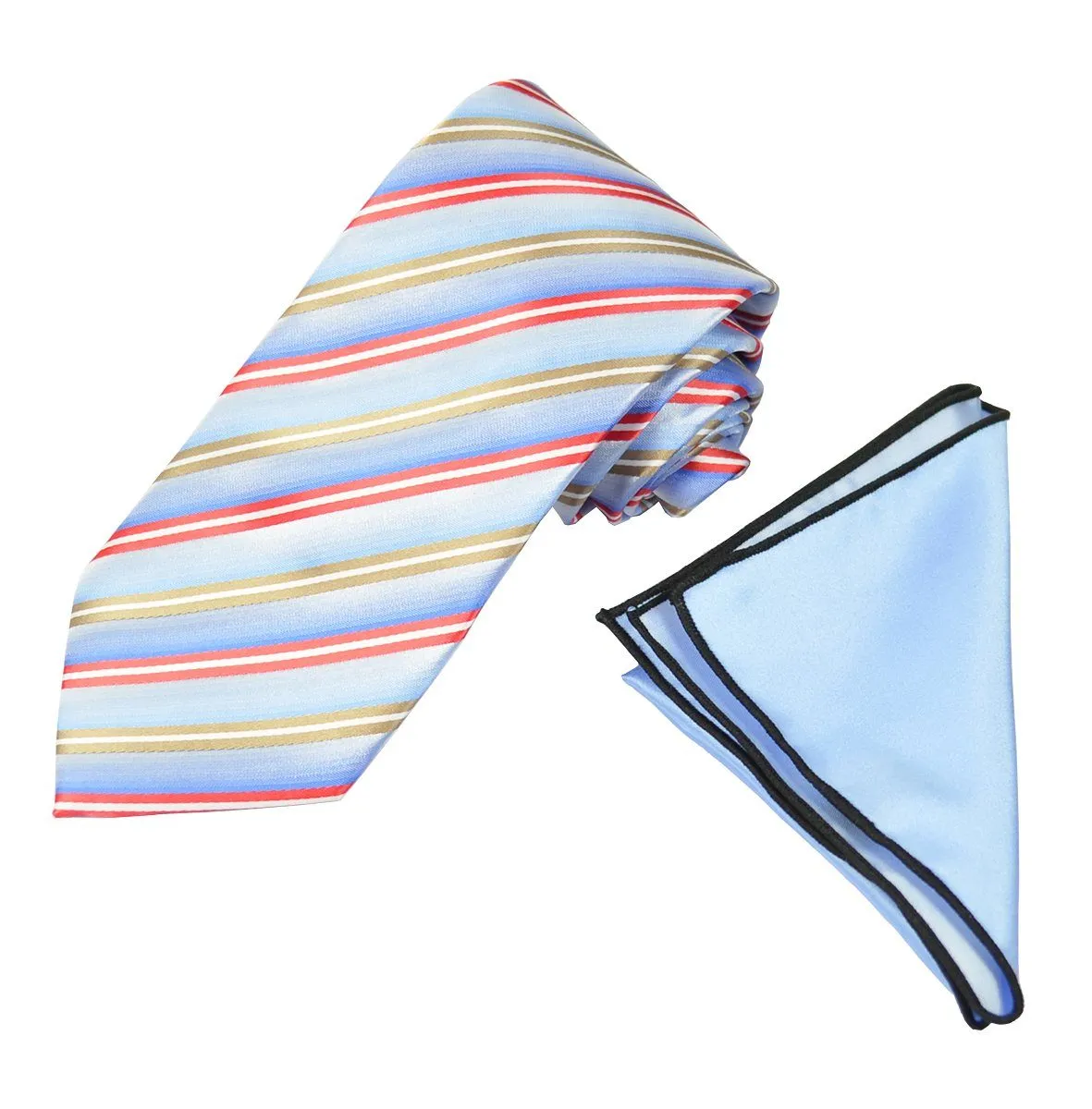 Blue, Gold and Red Striped Men's Tie and Pocket Square