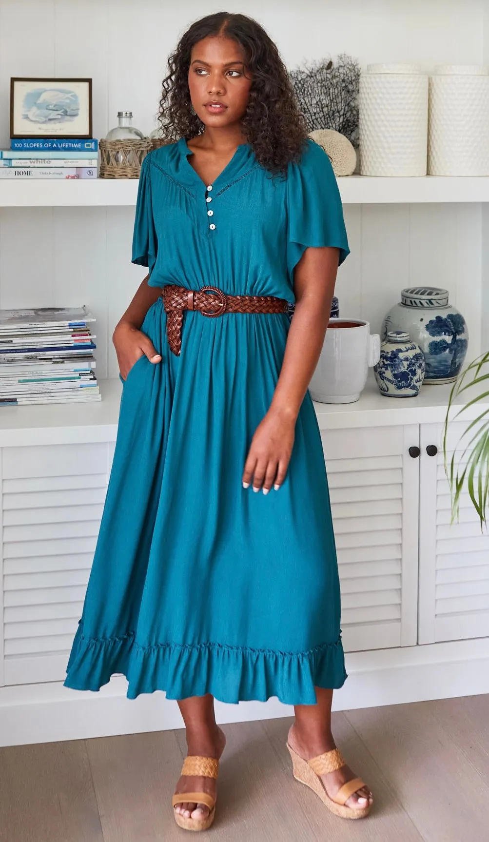 Botanical Midi Dress Teal