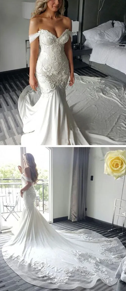 Charming Off Shoulder Mermaid Sweetheart Long Wedding Dress, SW95