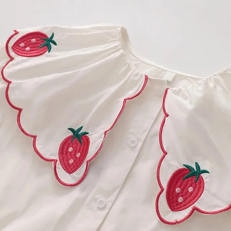 Charming Strawberry Patterns: Preppy Shirt Denim Overall Dress Two Piece Set