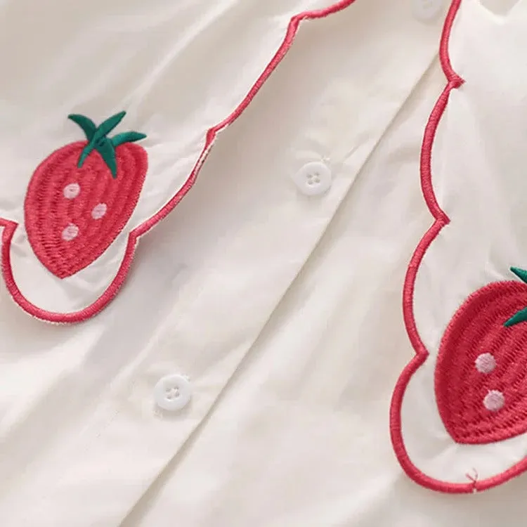 Charming Strawberry Patterns: Preppy Shirt Denim Overall Dress Two Piece Set