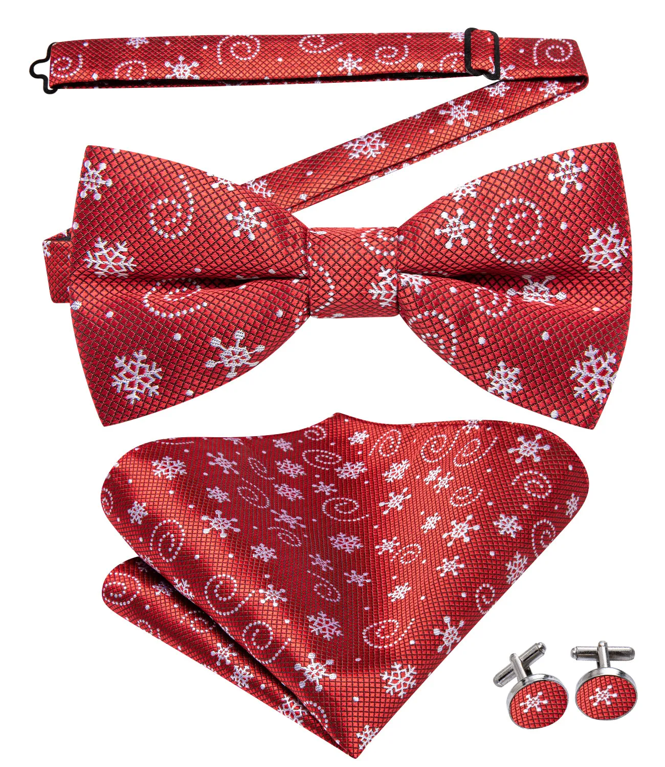 Christmas Red White Snowflake Pre-tied Bow Tie Hanky Cufflinks Set