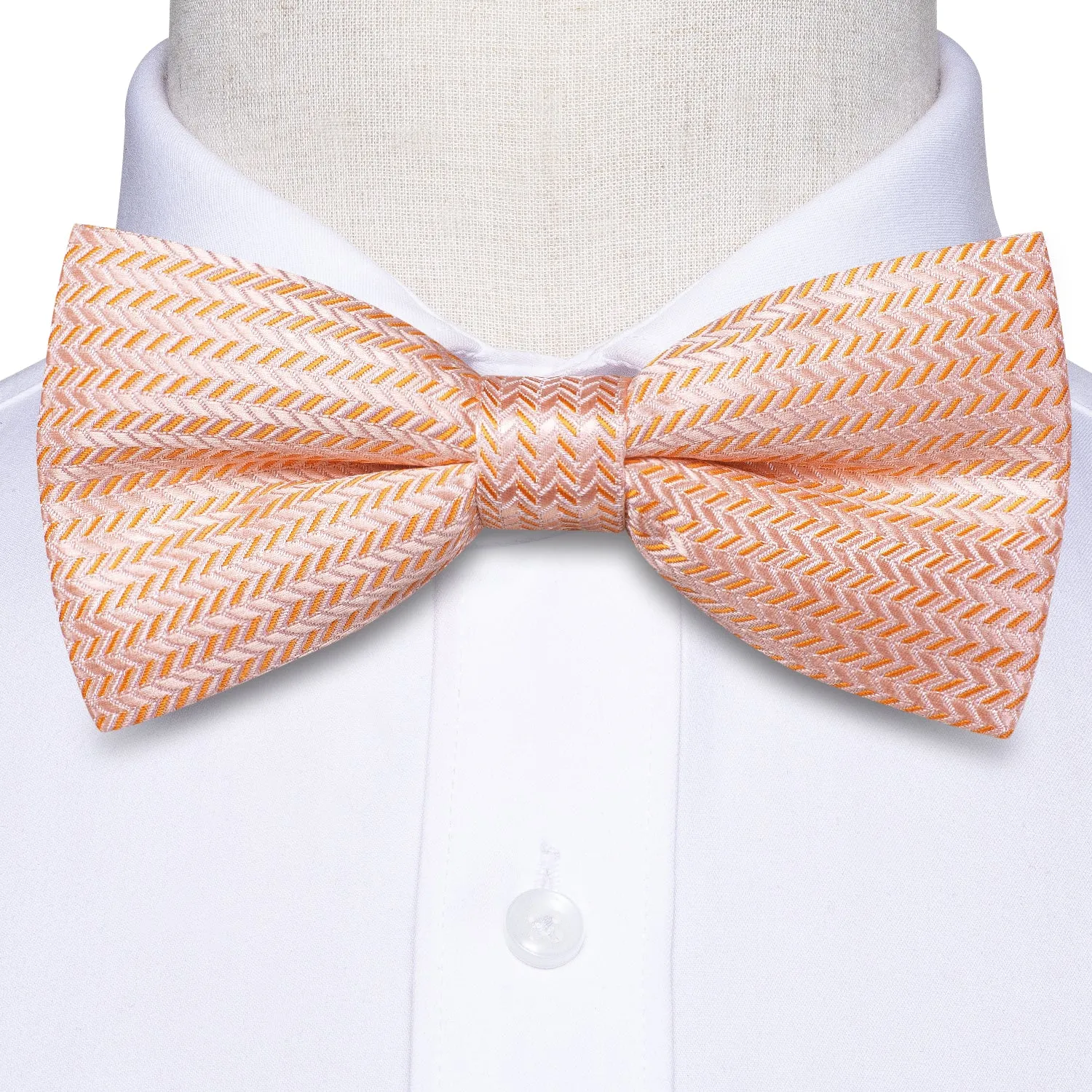 Coral Pink Orange Strip Silk Pre-tied Bow Tie Hanky Cufflinks Set