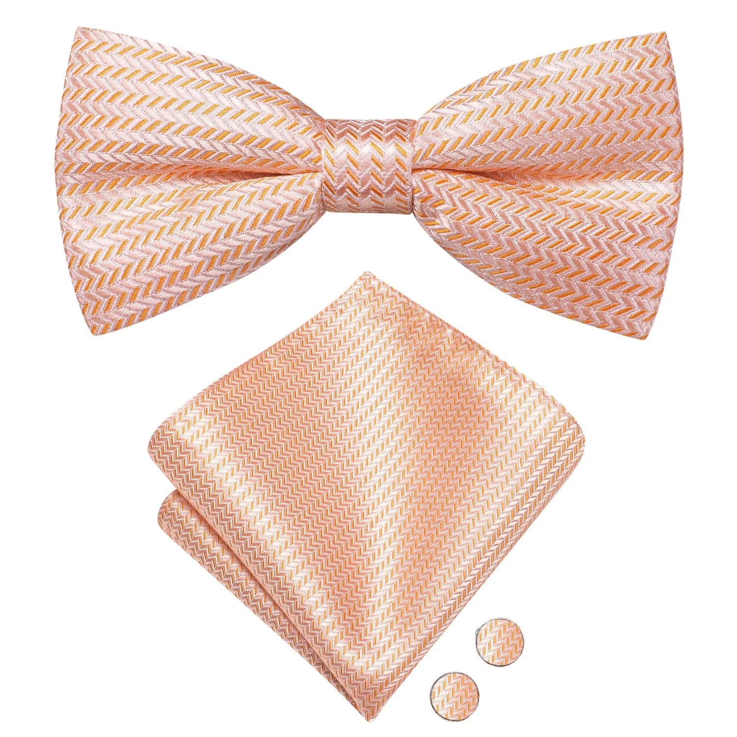 Coral Pink Orange Strip Silk Pre-tied Bow Tie Hanky Cufflinks Set