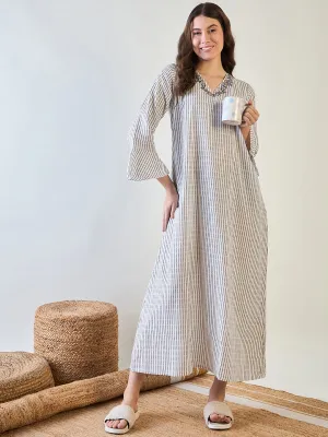 Cotton Nightdress with Chic Stripes and Embroidery