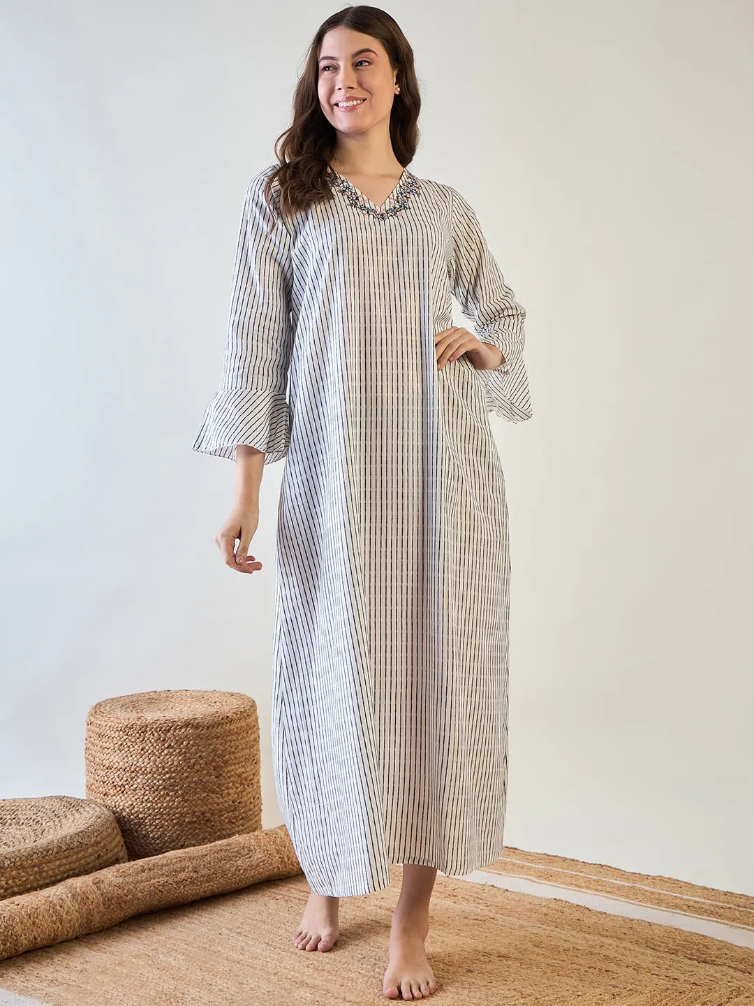 Cotton Nightdress with Chic Stripes and Embroidery