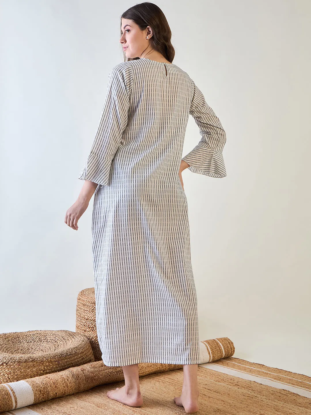 Cotton Nightdress with Chic Stripes and Embroidery