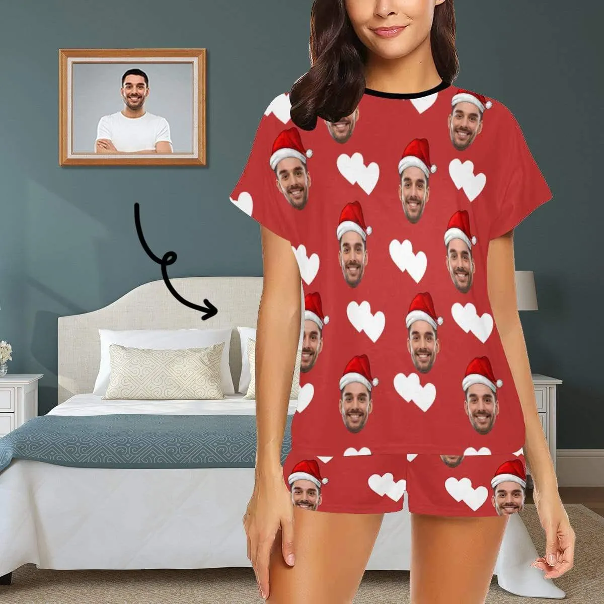 Custom Christmas Pajamas Womens Sleepwear Personalized Face Christmas Love Women's Short Pajama Set