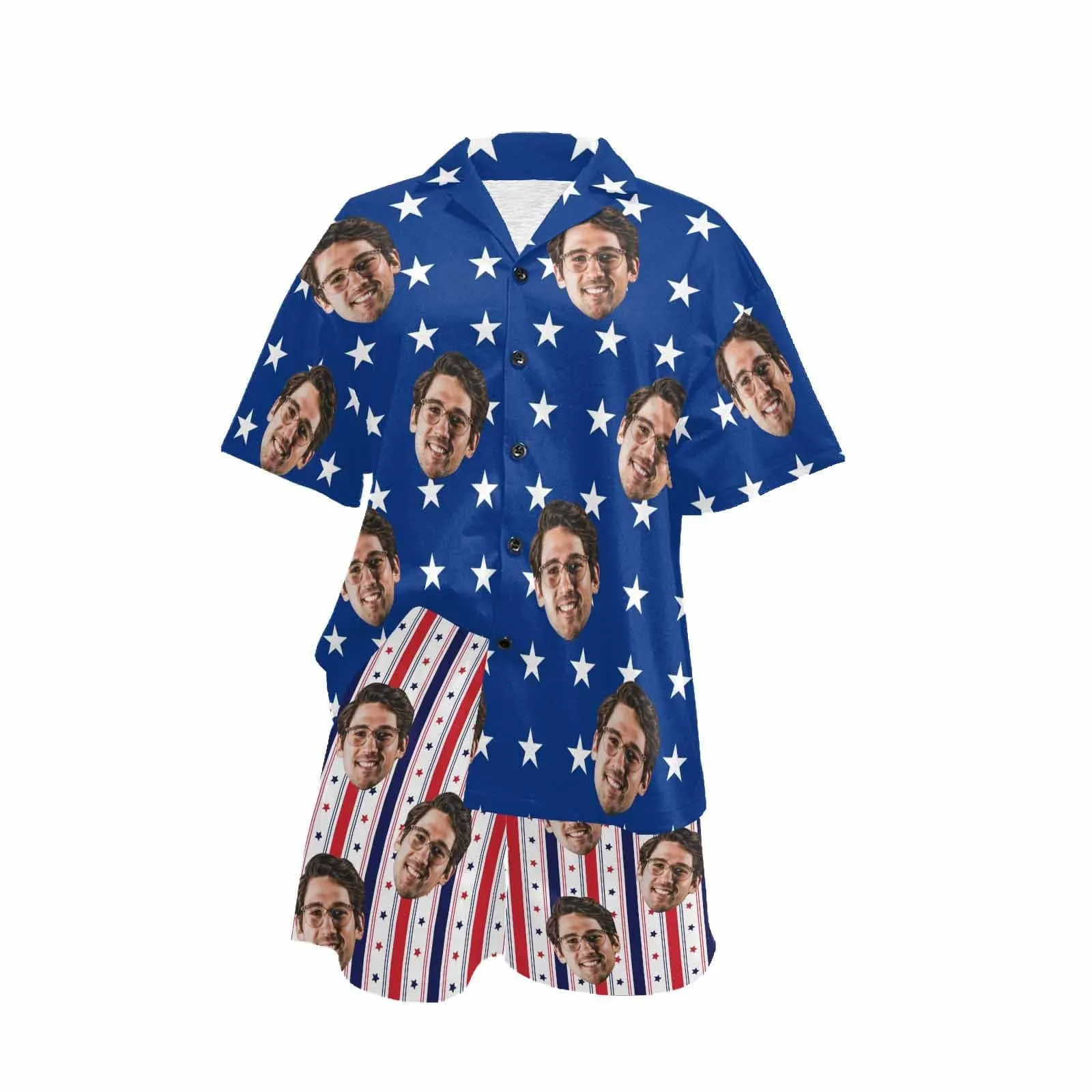 Custom Face Couple Matching Pajamas USA Flag Personalized Couple Matching V-Neck Short Pajama Set