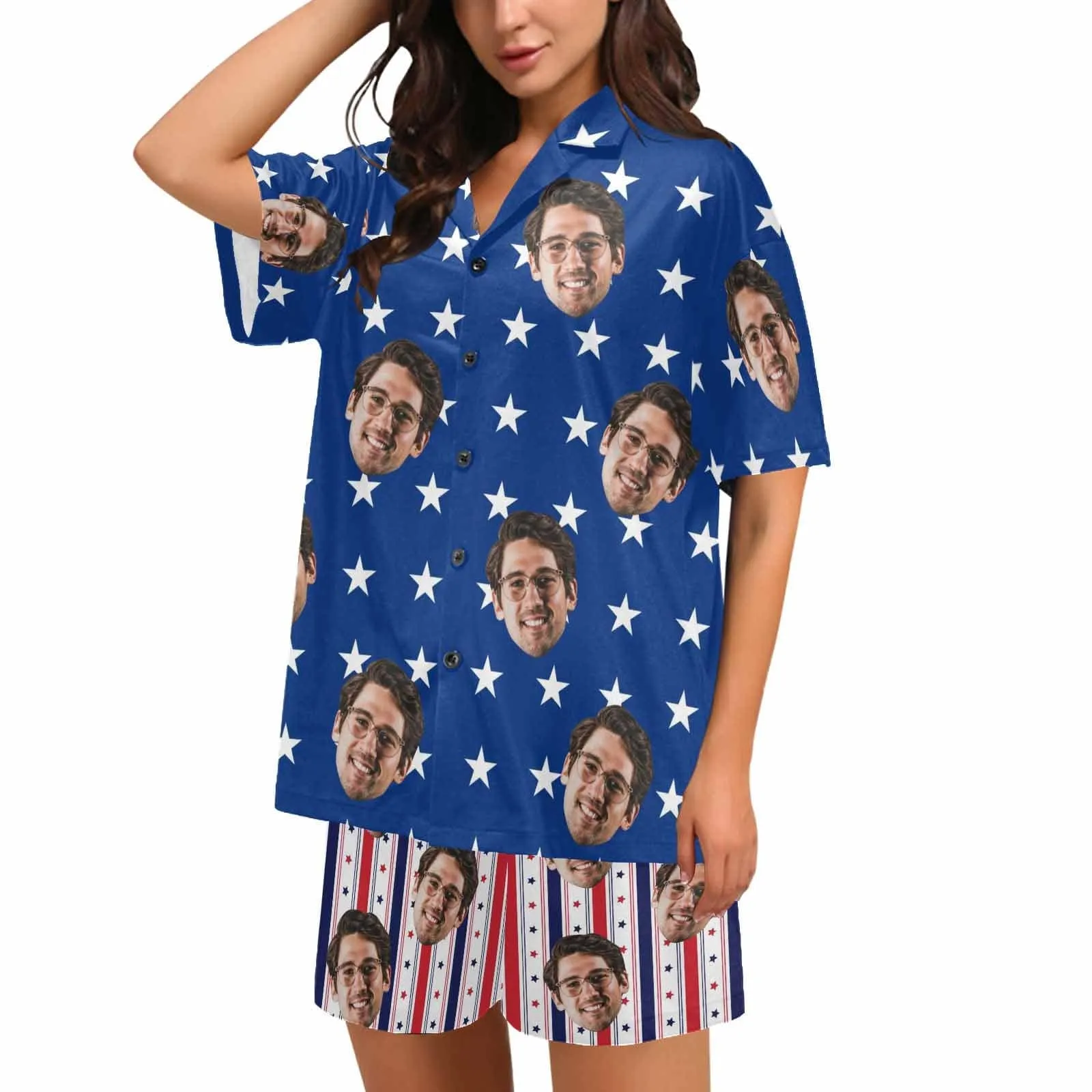 Custom Face Couple Matching Pajamas USA Flag Personalized Couple Matching V-Neck Short Pajama Set