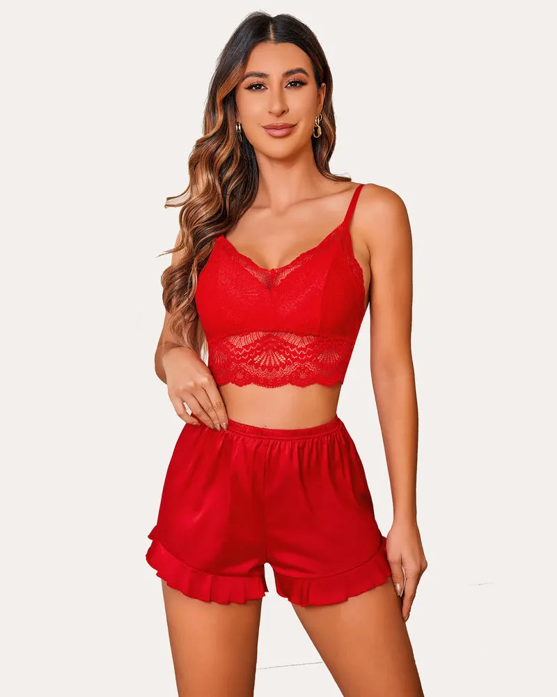 Floral Pajamas Set Lace Bralettes and Silk Ruffled Shorts