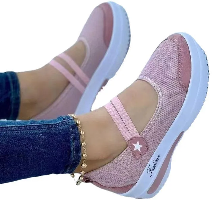 Fly Woven Breathable Wedge Heel Thick Bottom Hollow Velcro Round Toe Low-top Casual Shoes