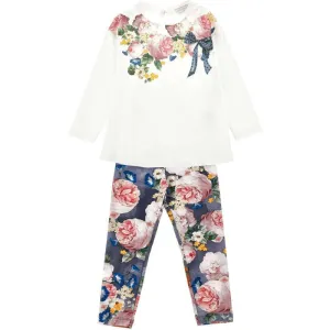 Girls Cotton Ivory & Blue Legging Set