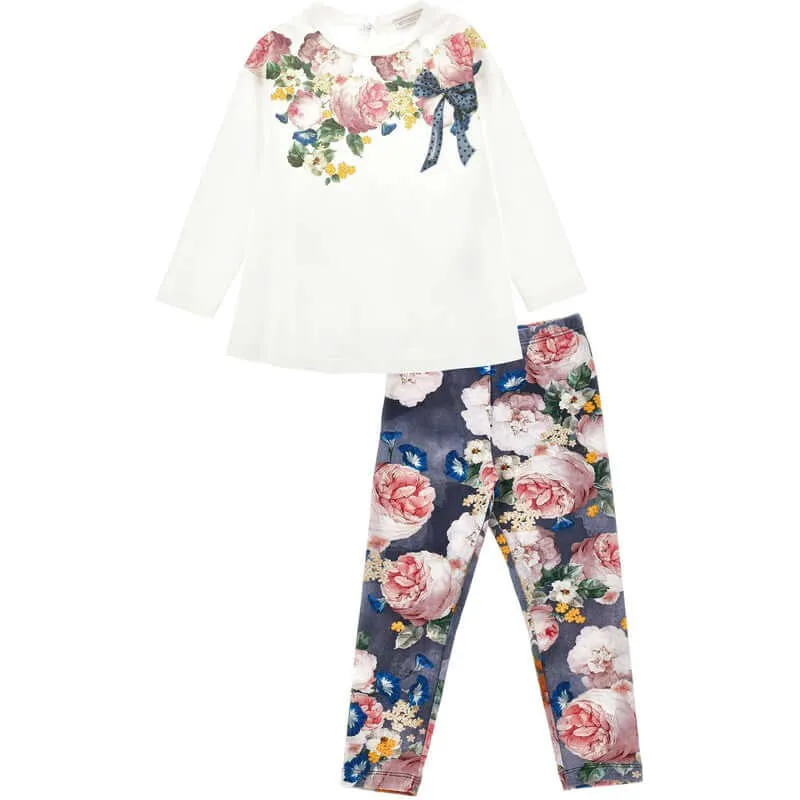 Girls Cotton Ivory & Blue Legging Set