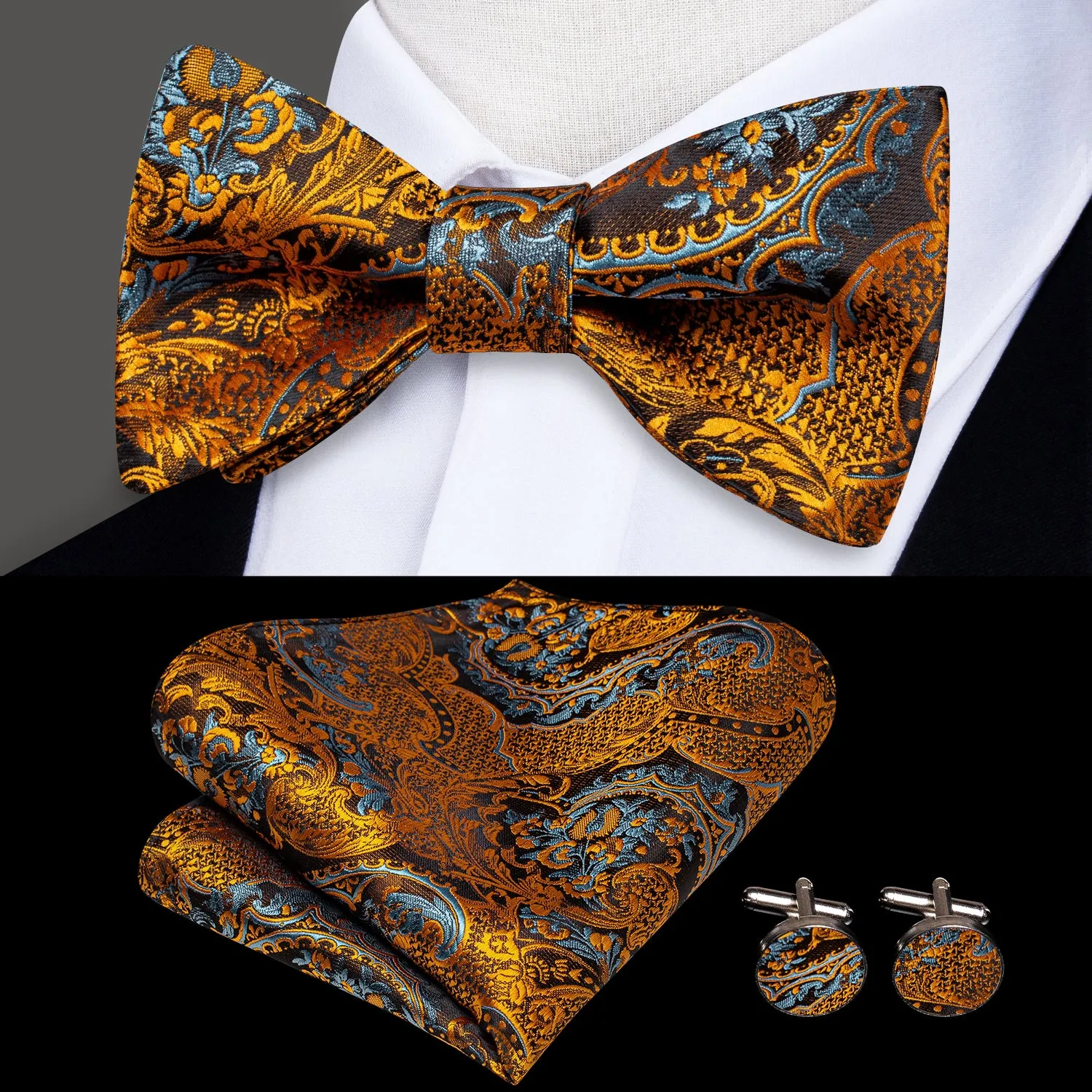 Gold Brown Paisley Pre-tied Bow Tie Hanky Cufflinks Set