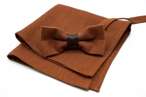 Handmade Terracotta Linen Bow Tie - Customizable for Men and Boys - Matching Pocket Square Available, Perfect for Weddings and Formal Events