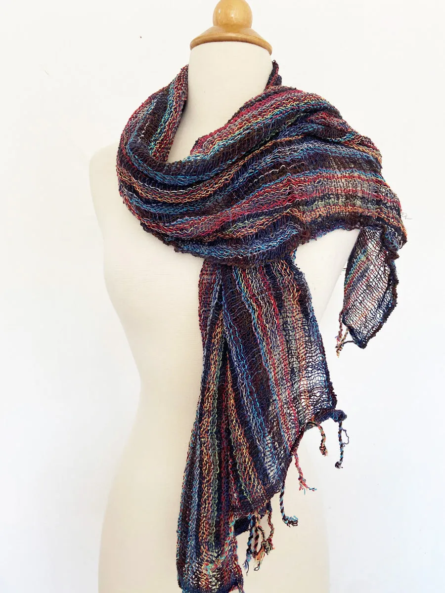 Handwoven Open Weave Cotton Scarf - Multi Navy