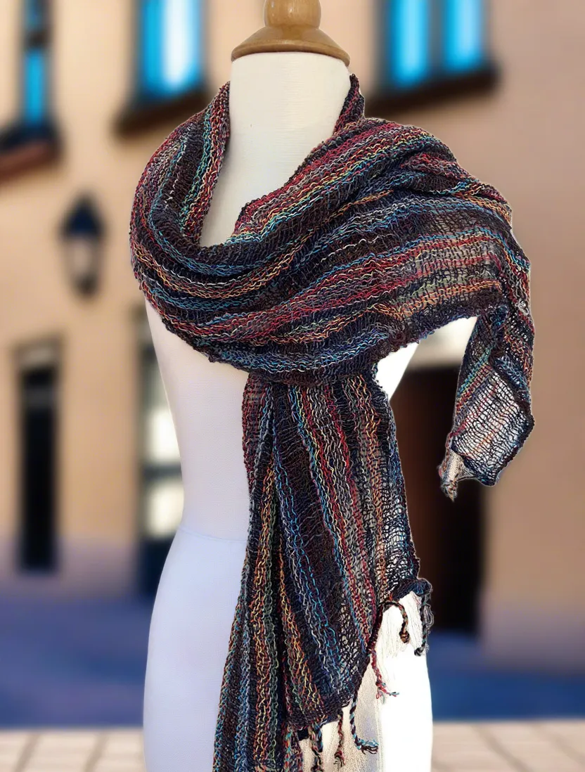 Handwoven Open Weave Cotton Scarf - Multi Navy