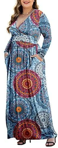 HAOMEILI Women's L-5XL Long Sleeve V-Neck Plus Size Casual Maxi Dresses with Pockets