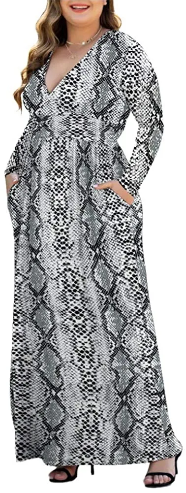 HAOMEILI Women's L-5XL Long Sleeve V-Neck Plus Size Casual Maxi Dresses with Pockets