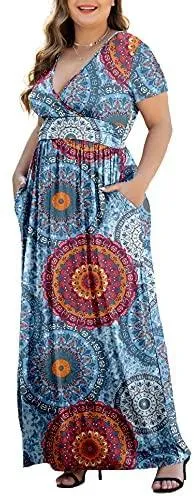 HAOMEILI Women's L-5XL Long Sleeve V-Neck Plus Size Casual Maxi Dresses with Pockets