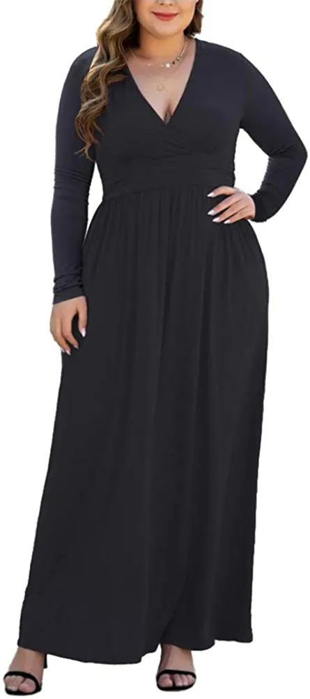 HAOMEILI Women's L-5XL Long Sleeve V-Neck Plus Size Casual Maxi Dresses with Pockets