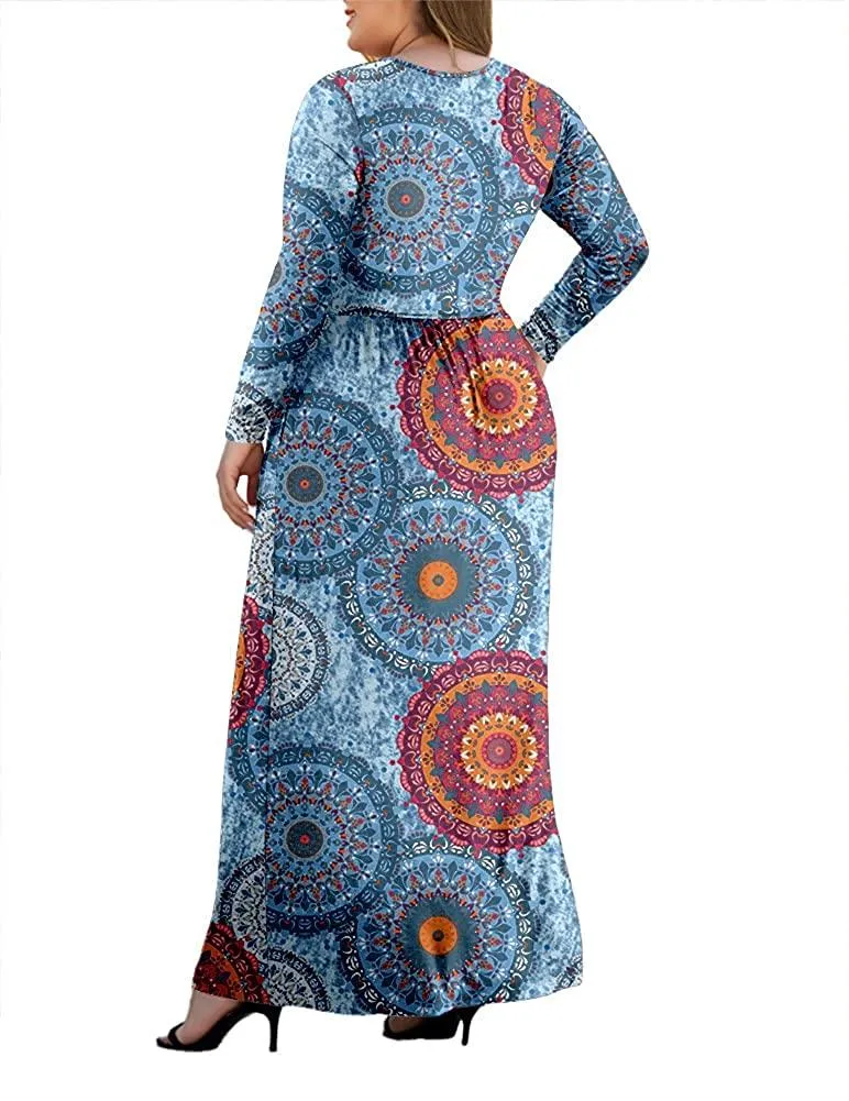 HAOMEILI Women's L-5XL Long Sleeve V-Neck Plus Size Casual Maxi Dresses with Pockets