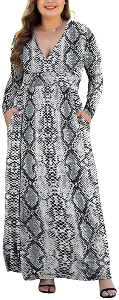 HAOMEILI Women's L-5XL Long Sleeve V-Neck Plus Size Casual Maxi Dresses with Pockets