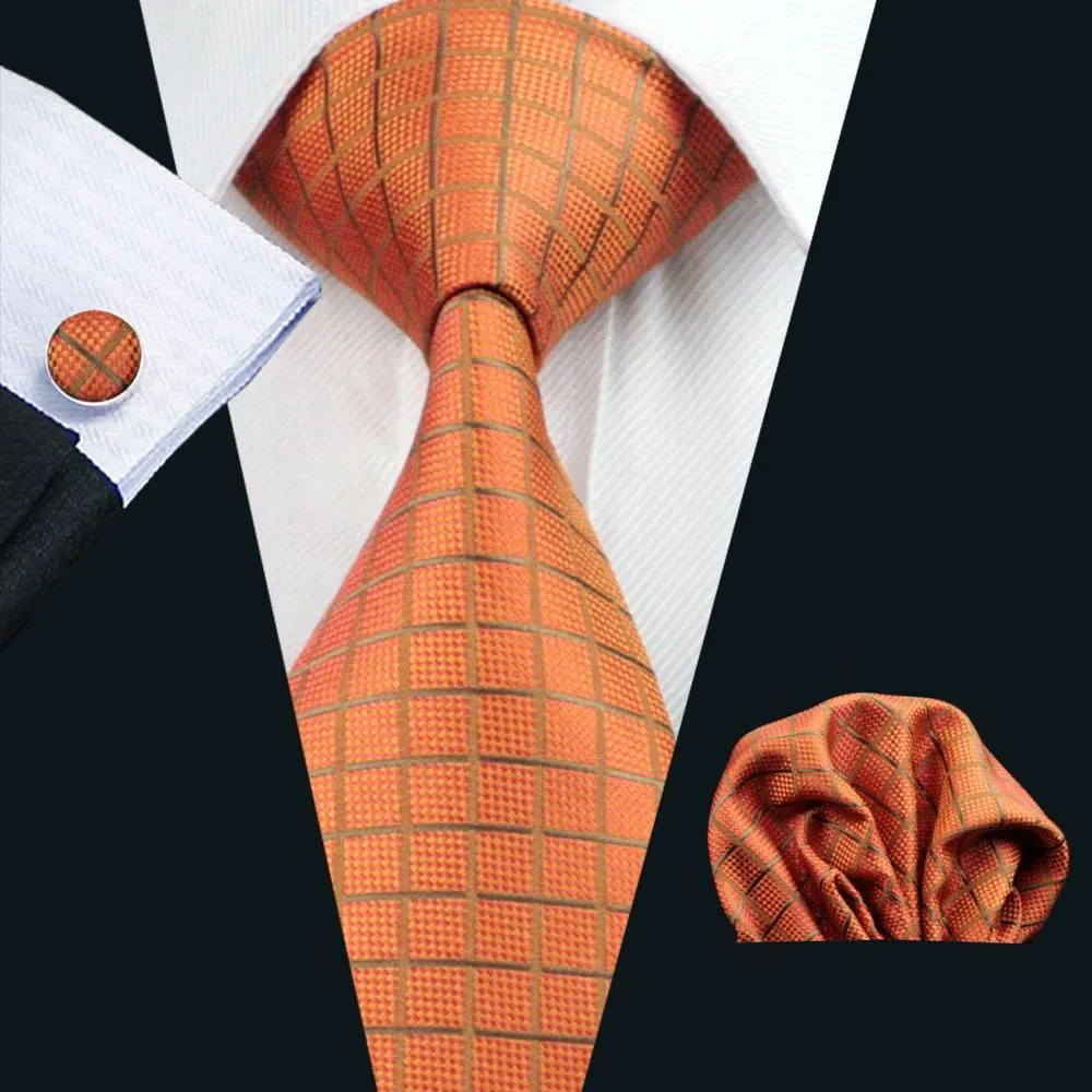 Hi-Tie 63 Inches Tie Orange Plaid Silk Extra Long Men's Necktie Set