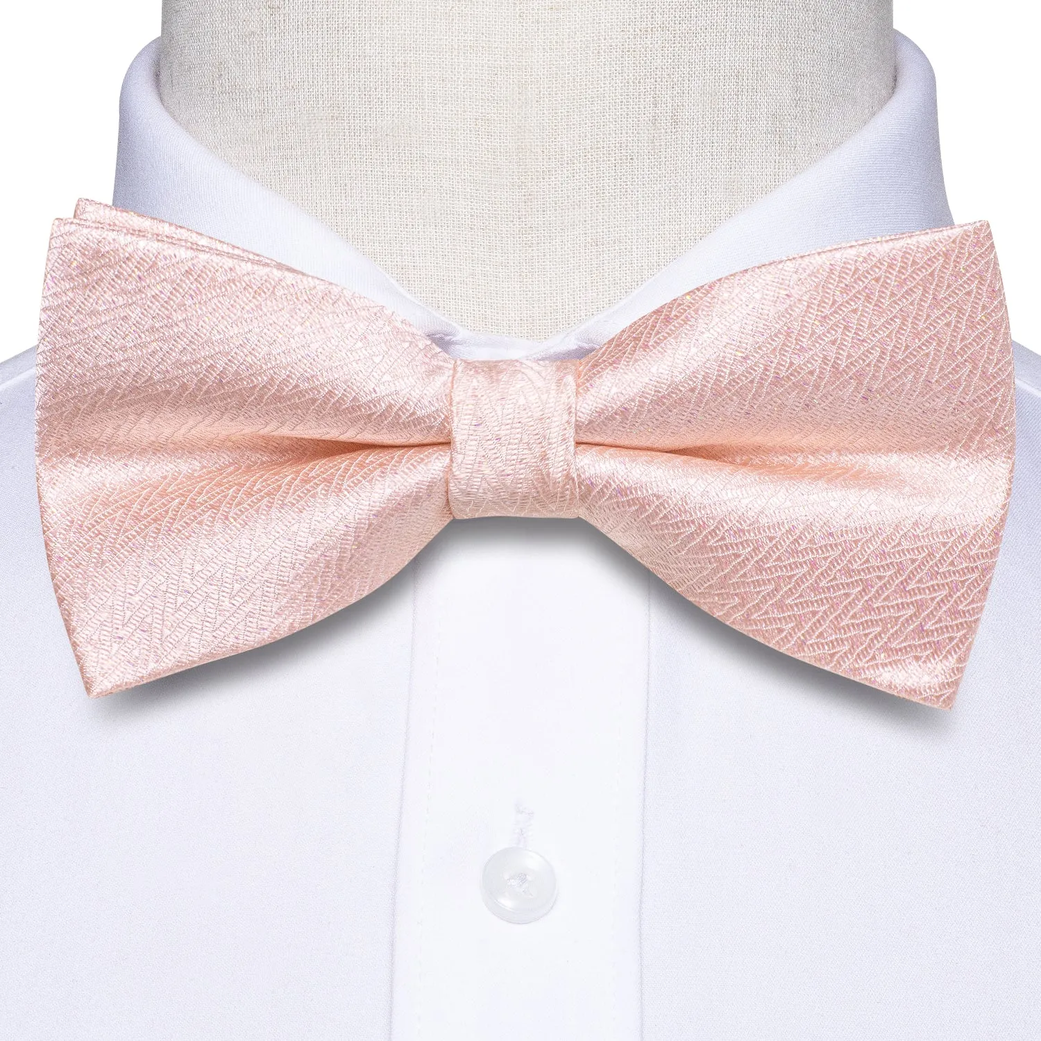 Hi-Tie Baby Pink Necktie Striped Pre-tied Bow Tie Hanky Cufflinks Set