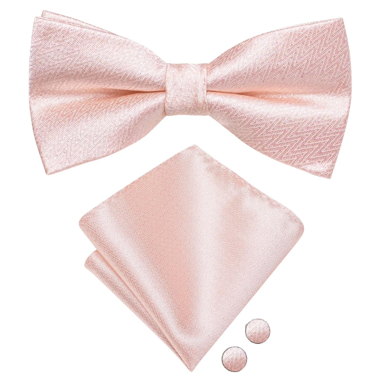 Hi-Tie Baby Pink Necktie Striped Pre-tied Bow Tie Hanky Cufflinks Set