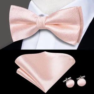 Hi-Tie Baby Pink Necktie Striped Pre-tied Bow Tie Hanky Cufflinks Set