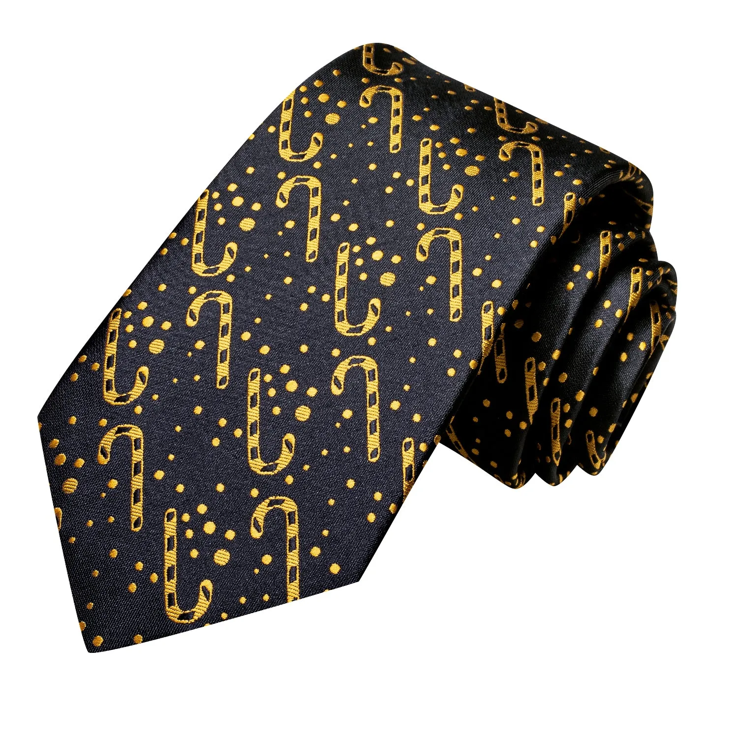 Hi-Tie Black Golden Christmas Cane Necktie Pocket Square Cufflinks Set