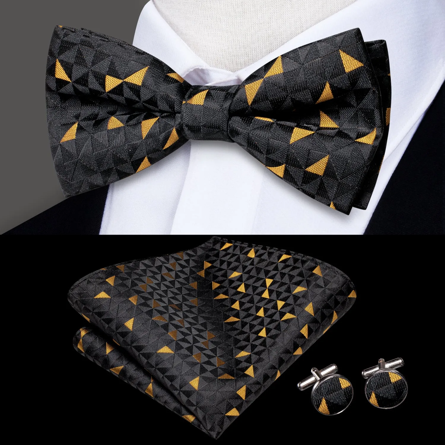 Hi-Tie Black Golden Novelty Silk Pre-tied Bow Tie Hanky Cufflinks Set