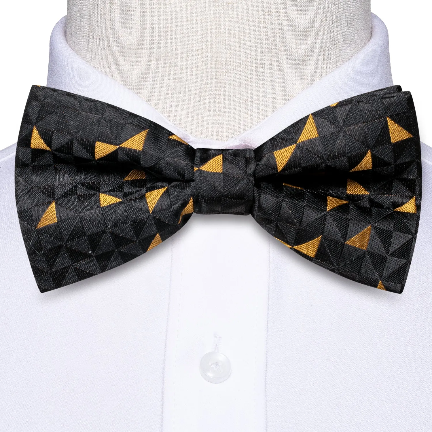 Hi-Tie Black Golden Novelty Silk Pre-tied Bow Tie Hanky Cufflinks Set