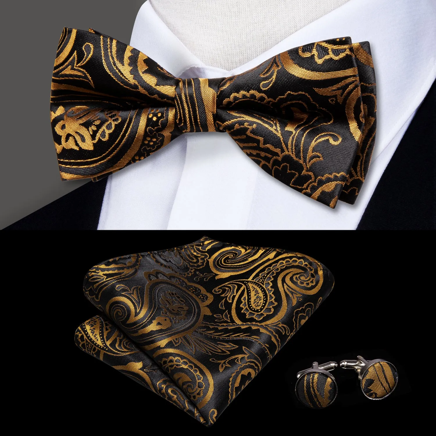 Hi-Tie Black Golden Paisley Pre-tied Bow Tie Hanky Cufflinks Set