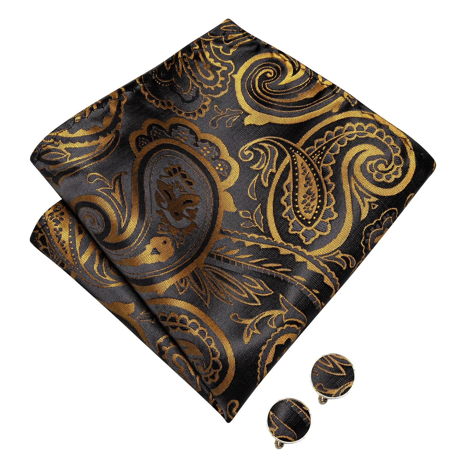 Hi-Tie Black Golden Paisley Pre-tied Bow Tie Hanky Cufflinks Set