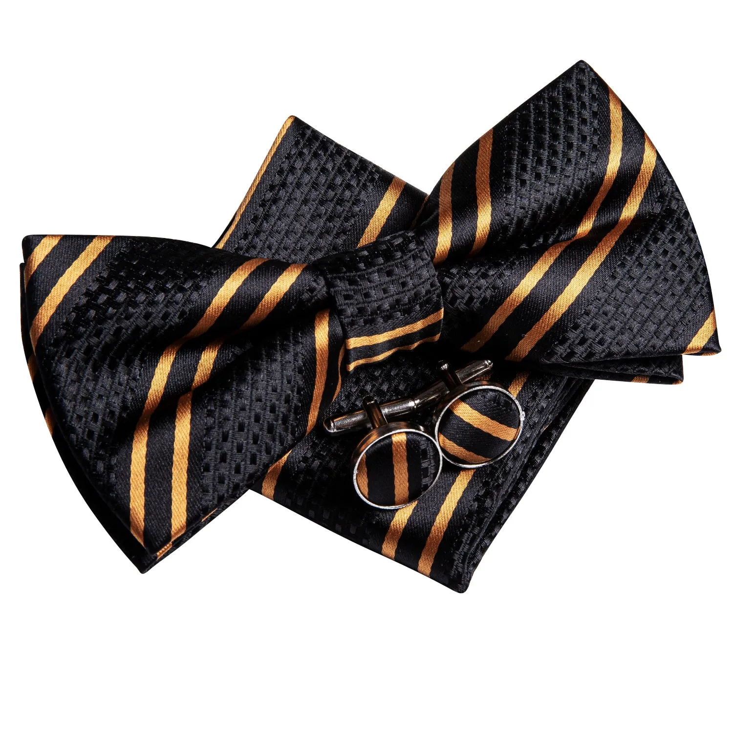 Hi-Tie Black Golden Striped Pre-tied Silk Bow Tie Hanky Cufflinks Set