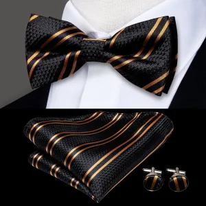 Hi-Tie Black Golden Striped Pre-tied Silk Bow Tie Hanky Cufflinks Set