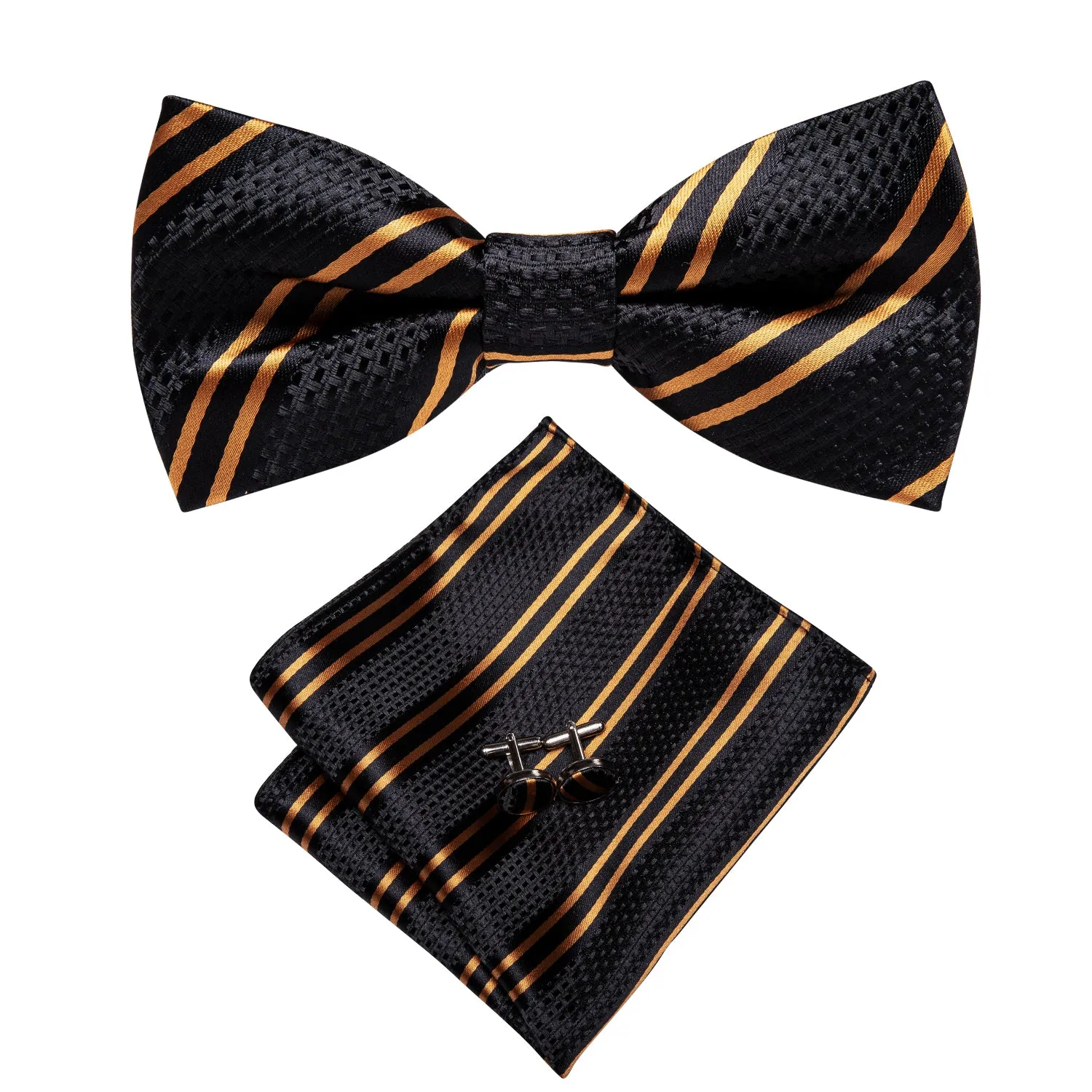 Hi-Tie Black Golden Striped Pre-tied Silk Bow Tie Hanky Cufflinks Set