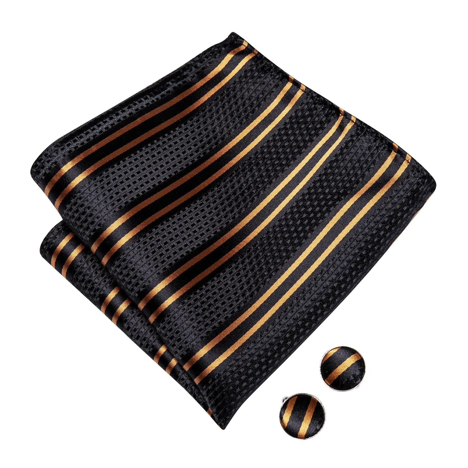 Hi-Tie Black Golden Striped Pre-tied Silk Bow Tie Hanky Cufflinks Set