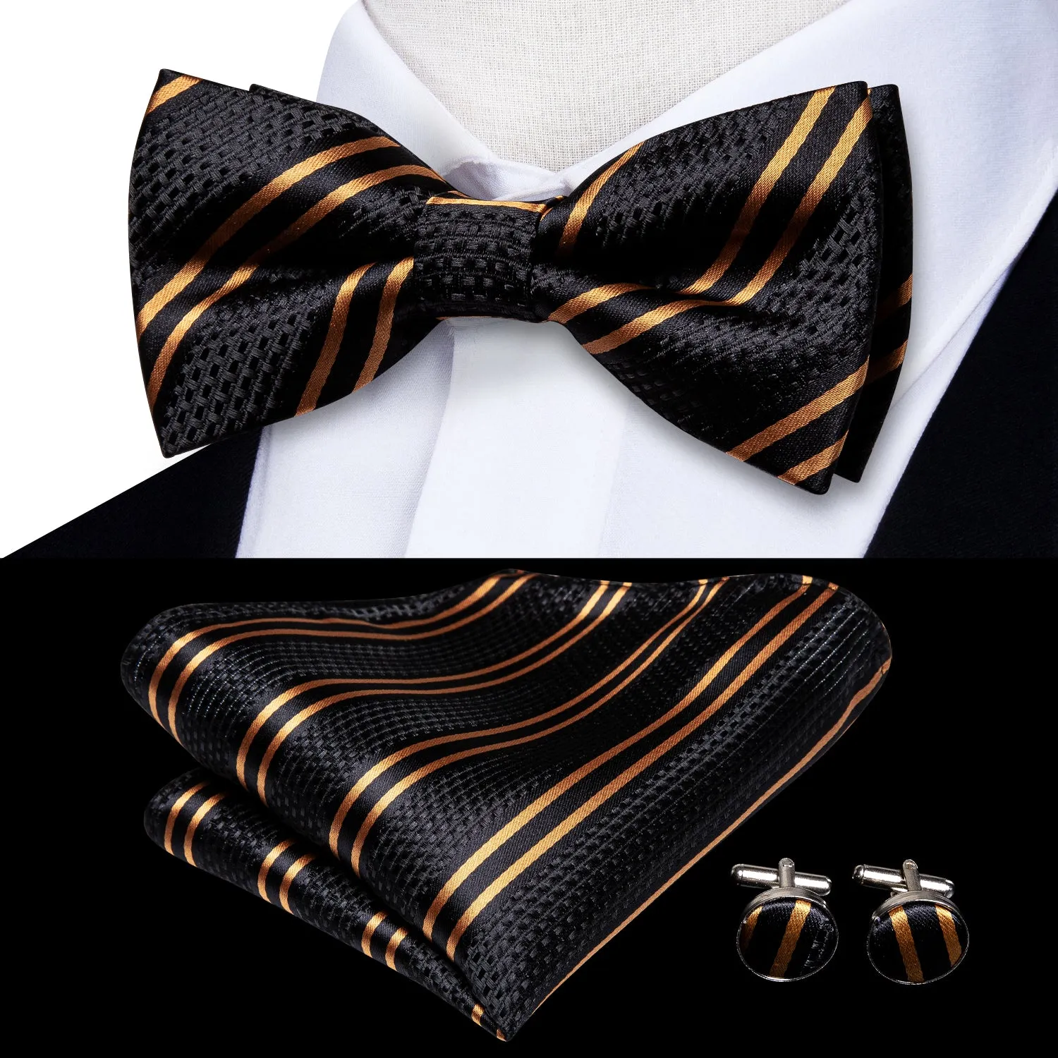 Hi-Tie Black Golden Striped Pre-tied Silk Bow Tie Hanky Cufflinks Set