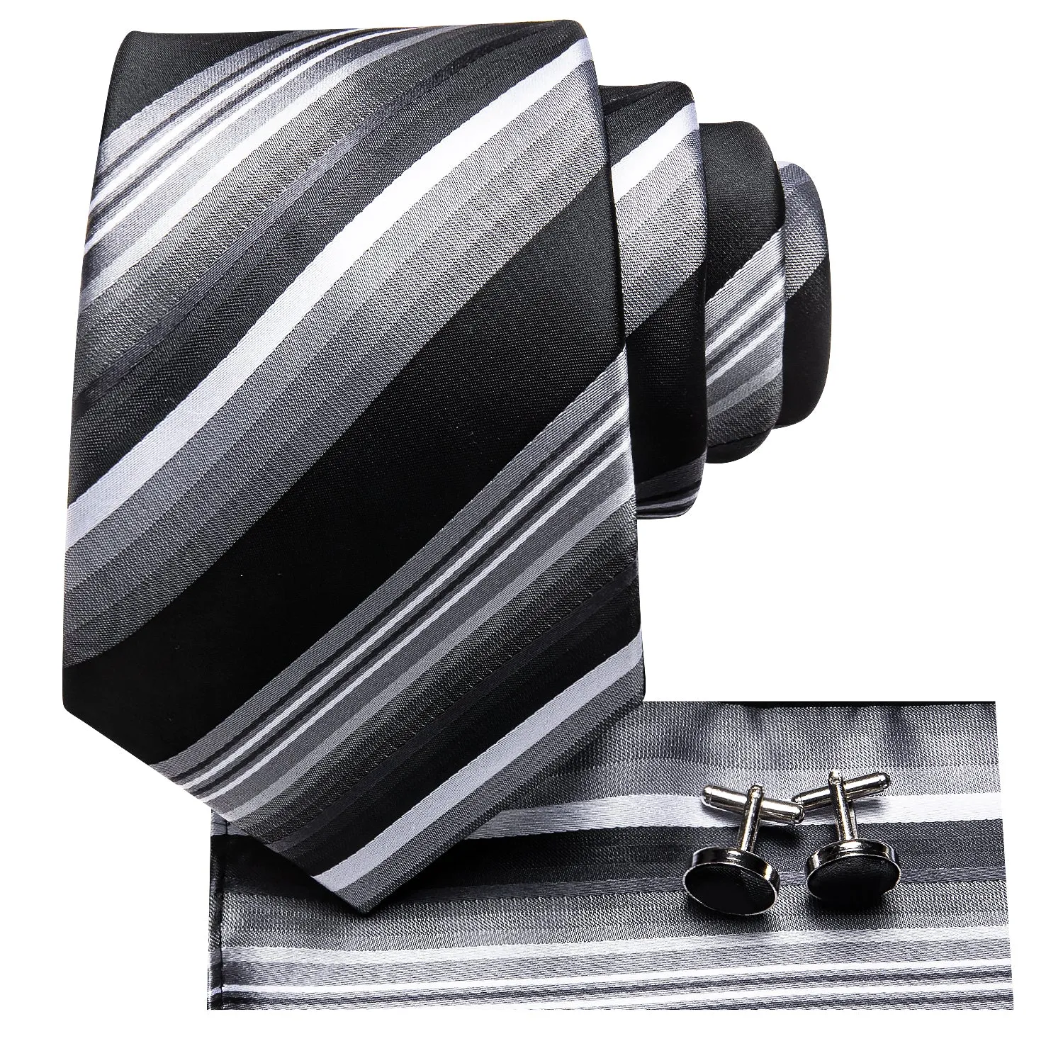 Hi-Tie Black Grey Striped Silk Mens Tie Pocket Square Cufflinks Set