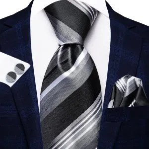 Hi-Tie Black Grey Striped Silk Mens Tie Pocket Square Cufflinks Set