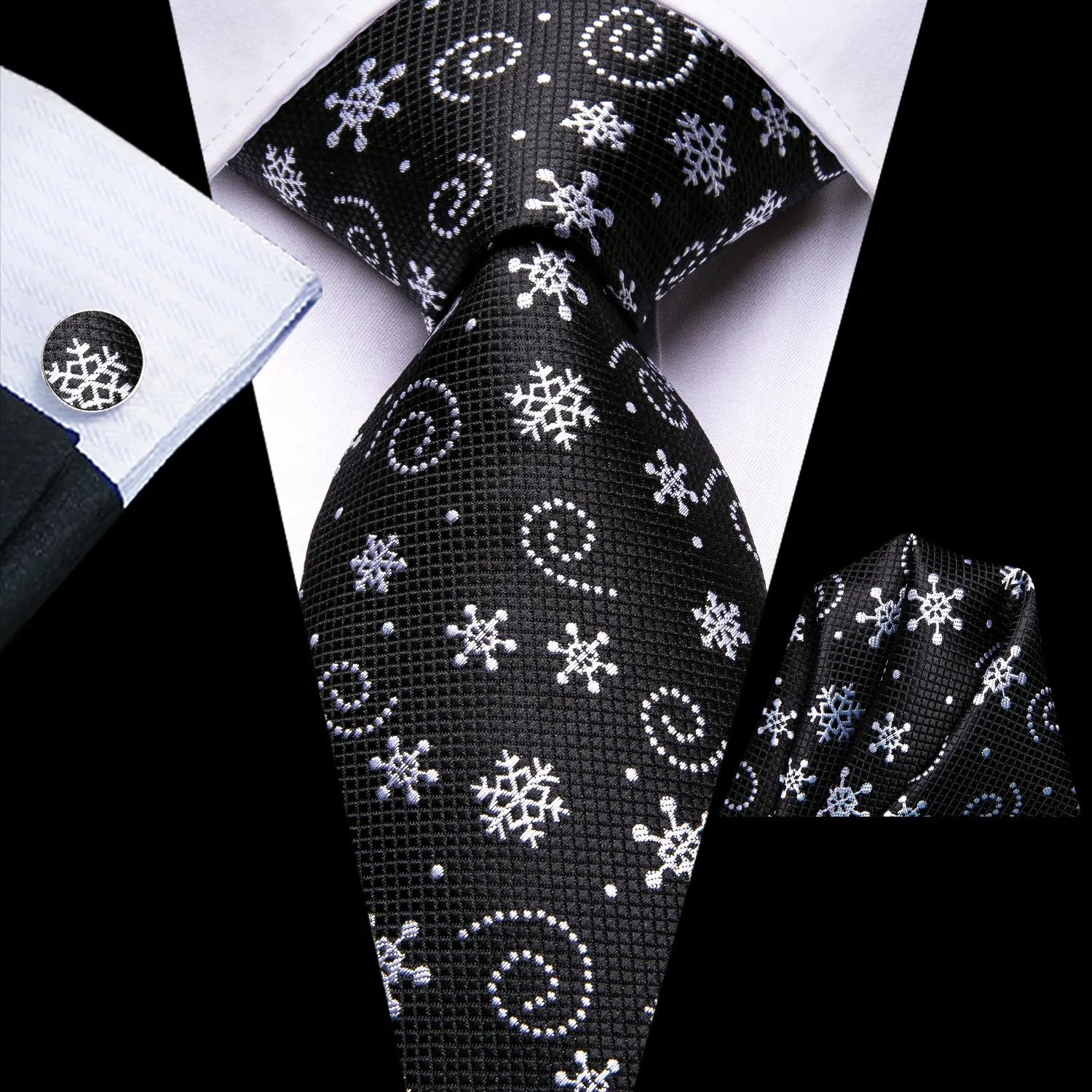 Hi-Tie Black Necktie White Snowflake Tie Pocket Square Cufflinks Set